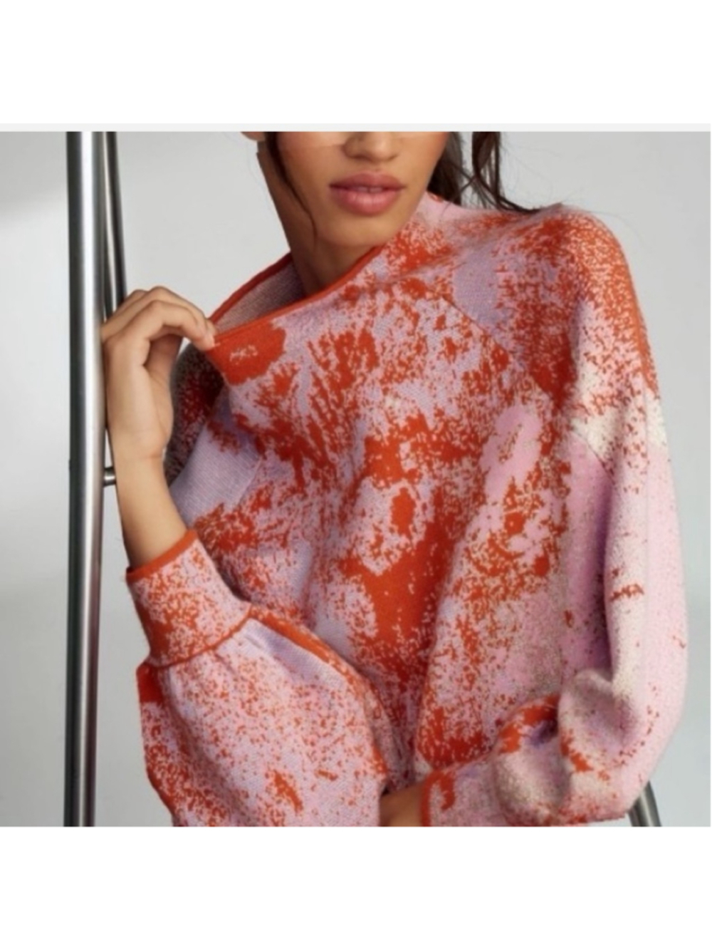Anthropologie Abstract Metallic Knit Mock Neck Sweater Small Pink Orange Balloon - Picture 1 of 11